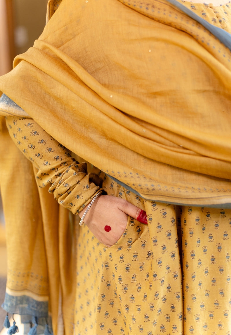 Akrita Mustard Ajrakh Chanderi Silk Kali Kurta with Hand Embroidery