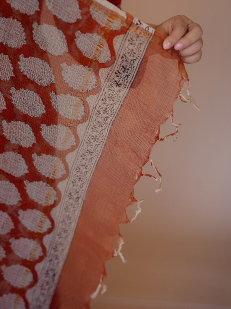 Red Chevron Bagru Kota Doria Cotton Dupatta
