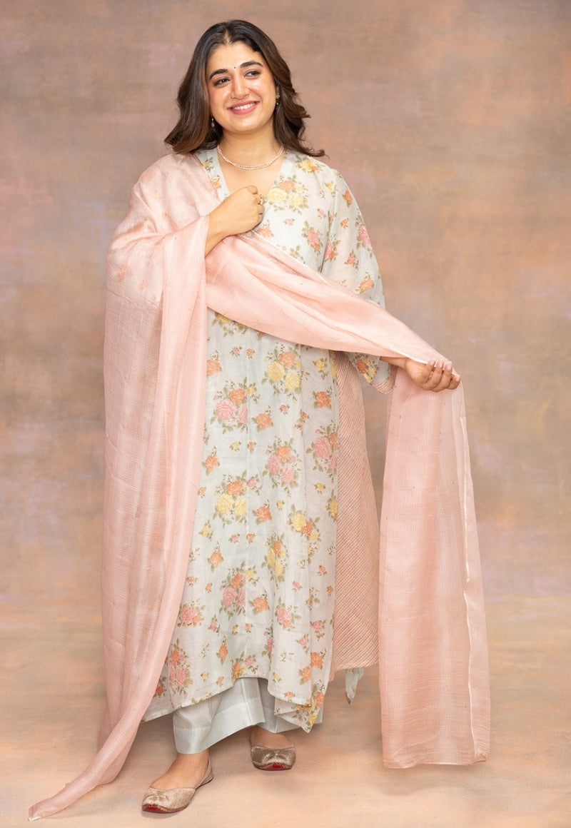 Baby Pink Solid Kota Doria Silk Dupatta with Mukaish Detailing