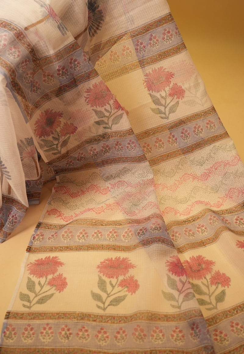 White Butta Sanganeri Hand Block Print Kota Doria Saree