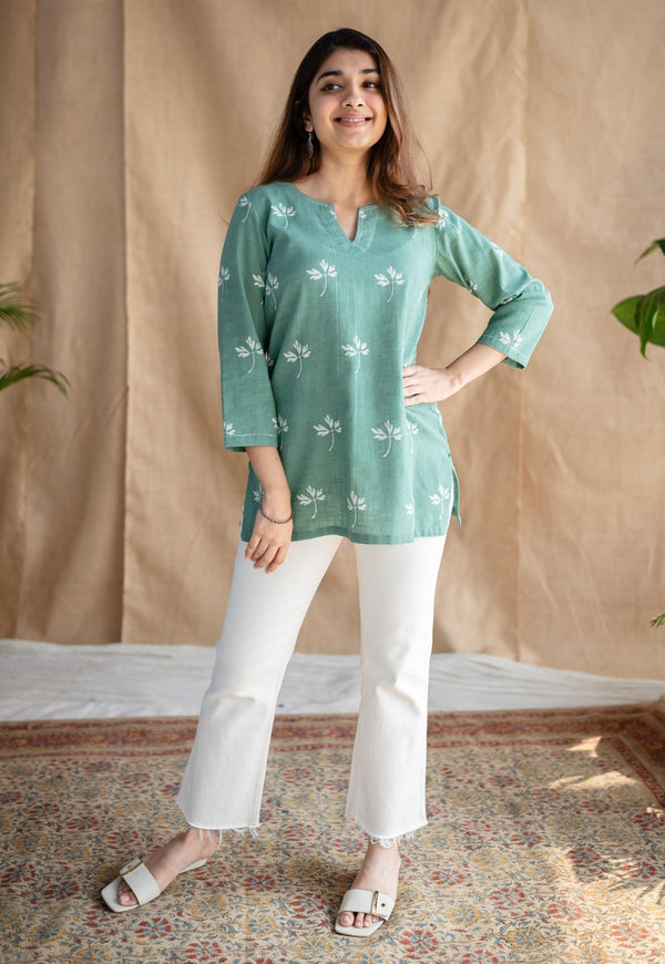 Navya Green Dabu Slub Cotton Straight Short Top with Embroidery