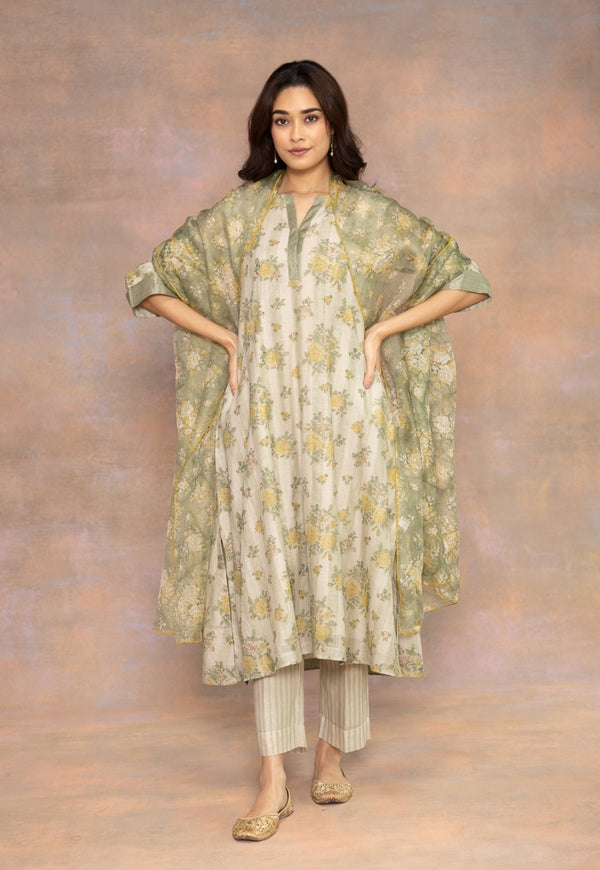 Rozin Green Sanganeri Chanderi Silk A Line Kurta