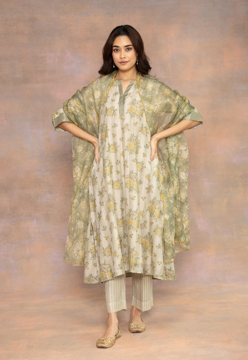 Rozin Green Sanganeri Chanderi Silk A Line Kurta