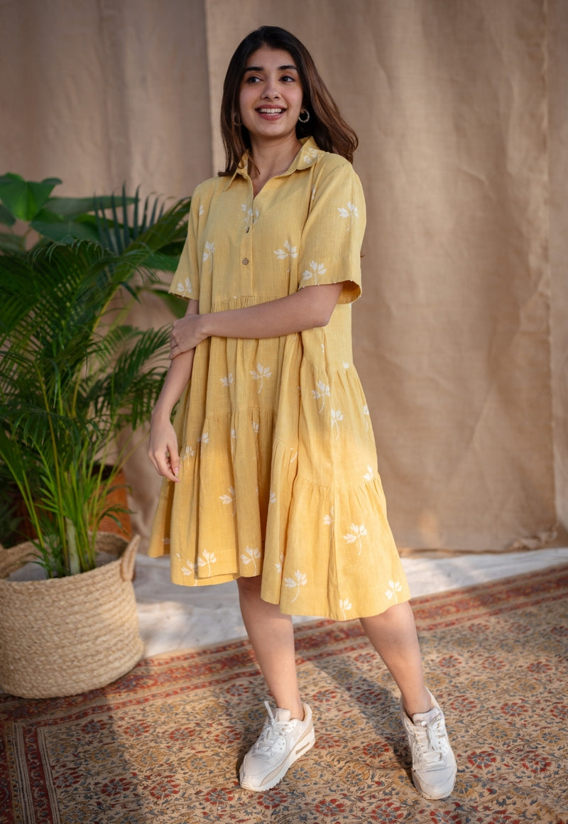 Zinat Yellow Dabu Slub Cotton A Line Dress with Embroidery