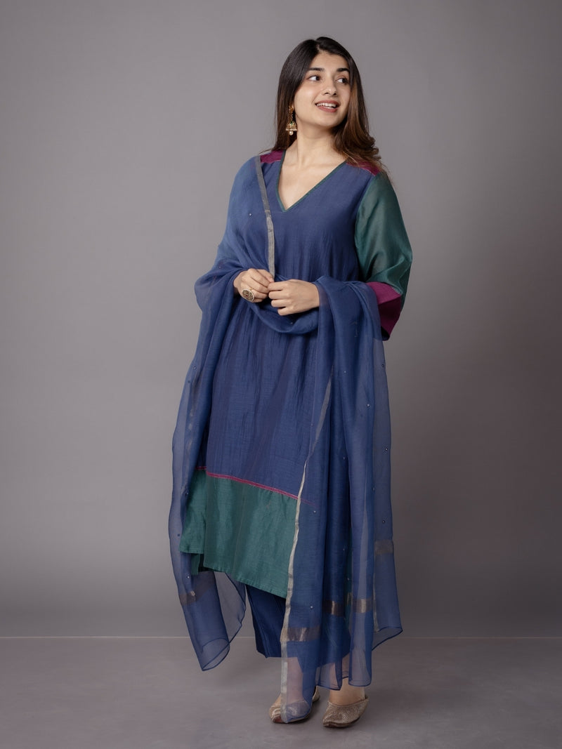 Riva Blue Solid Chanderi Silk Straight Pant with Embroidery