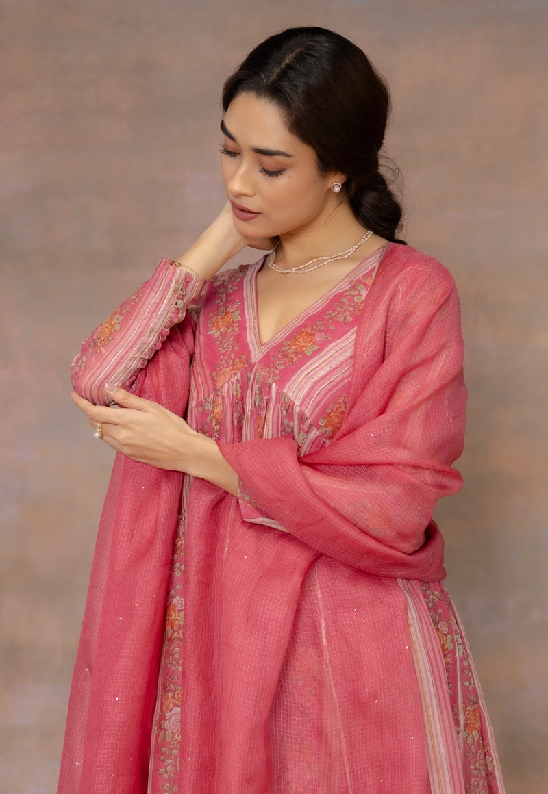 Rooz Pink Sanganeri Chanderi Silk A Line Kurta with Lace Detailing