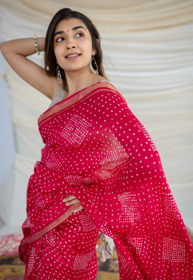 Rani Pink Bandhani Cotton Silk Saree
