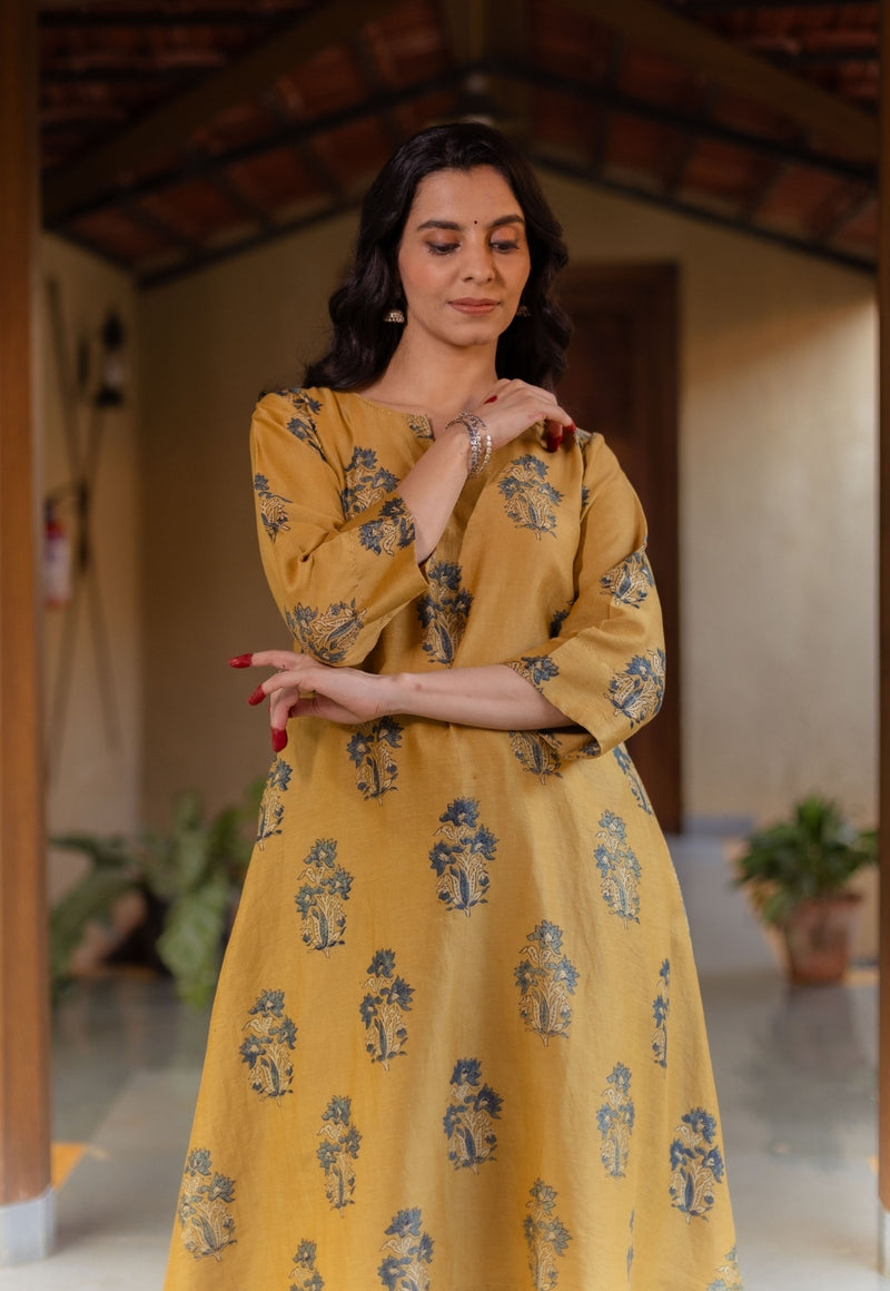 Daksha Mustard Ajrakh Chanderi Silk A Line Kurta with Hand Embroidery