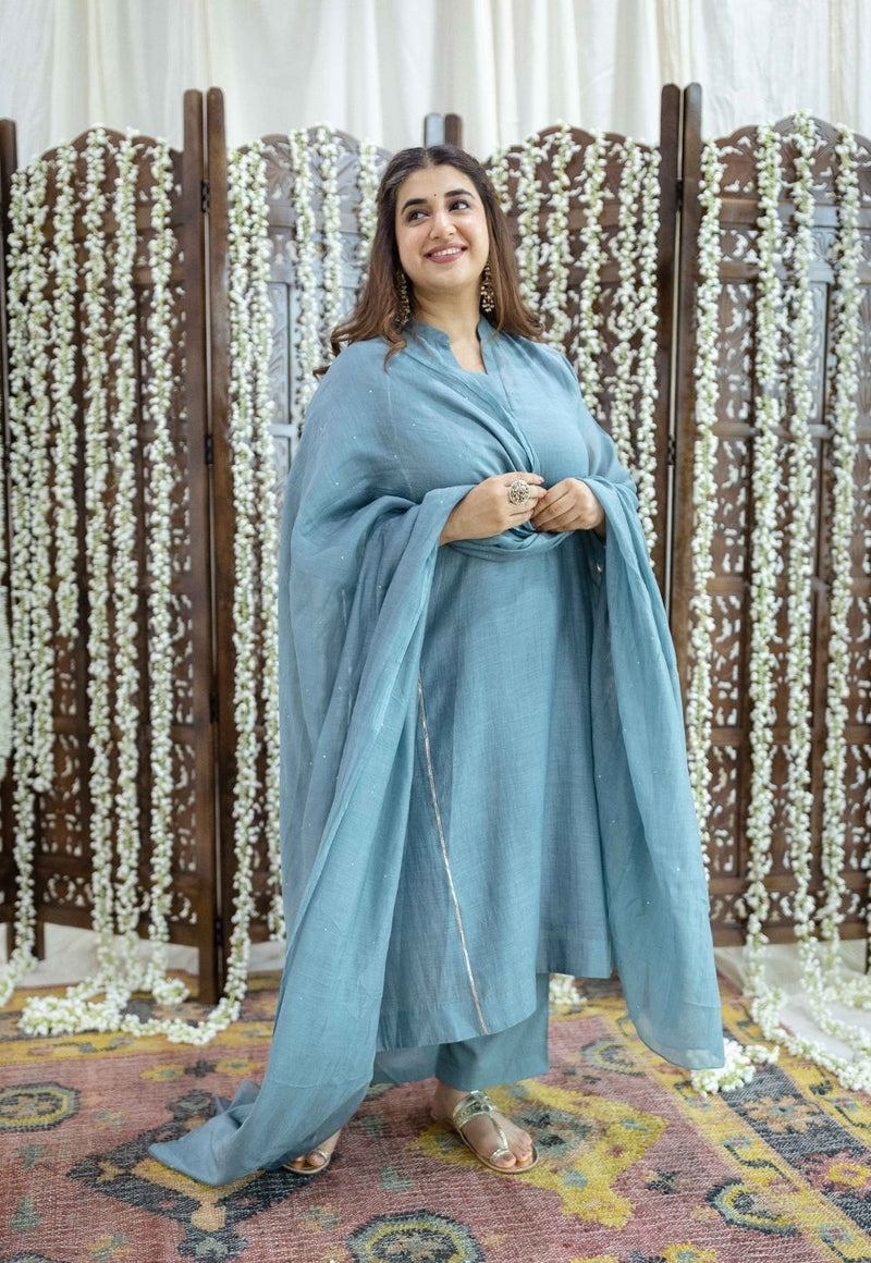 Tarani Light Blue Jhabba Kali Chanderi Silk Gota Patti Kurta Set (Set of 3)