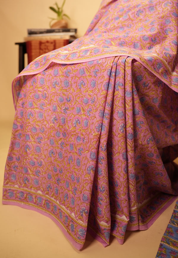 Pink Jaal Sanganeri Hand Block Pint Cotton Saree