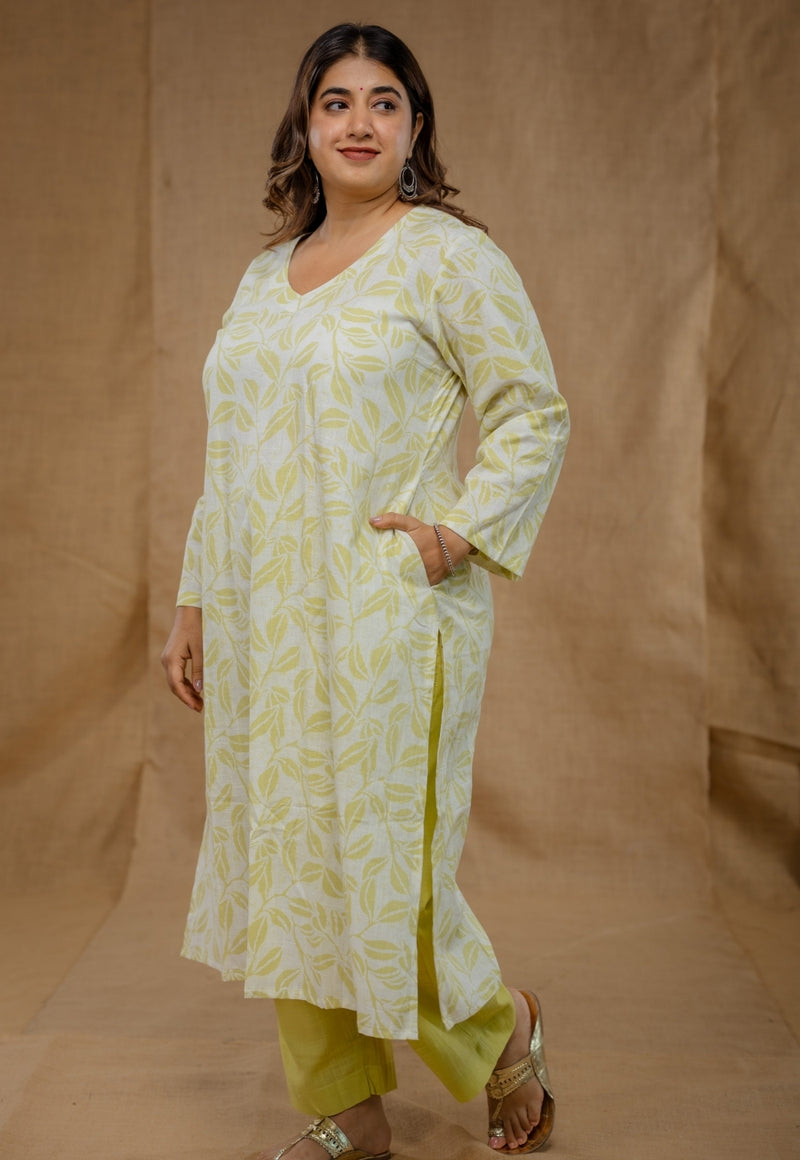 Aarushi Green Hand Block Print Slub Cotton Straight Kurta