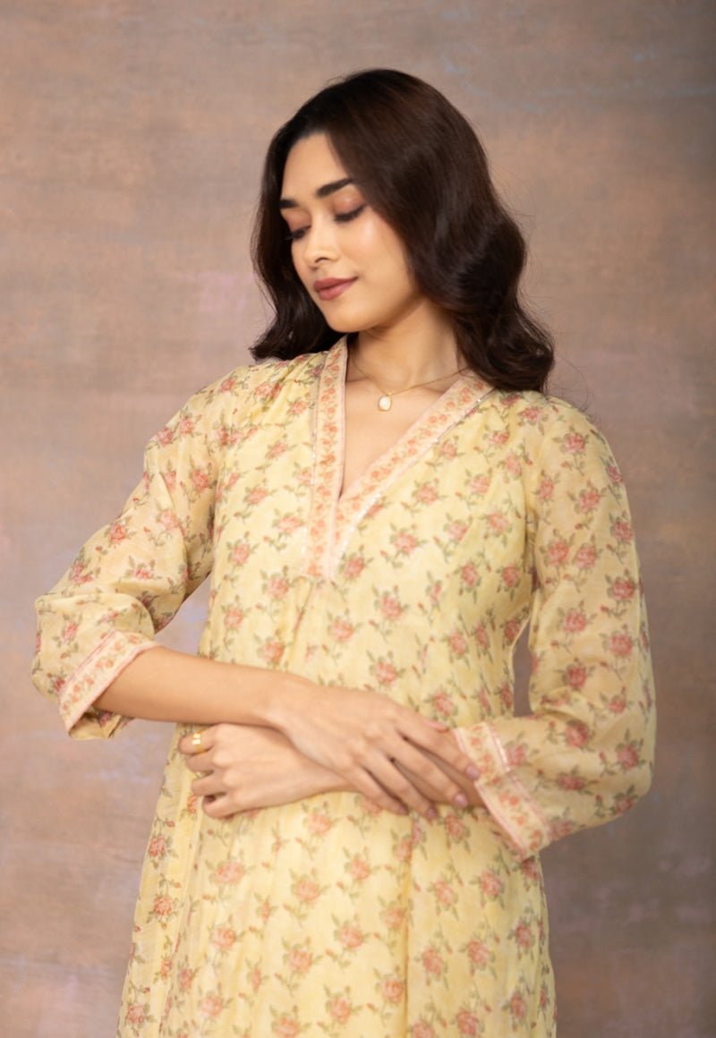 Rosa Yellow Sanganeri Chanderi Silk Kali Kurta