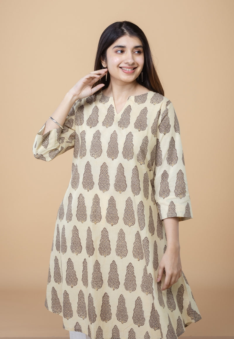 Daksha Beige Ajrakh Cotton A Line Kurta