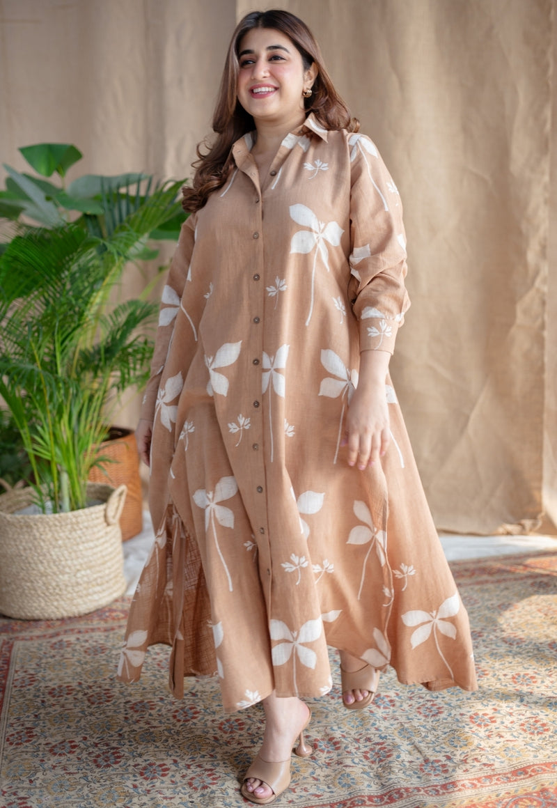 Trusha Light Brown A Line Dabu Slub Cotton Dress