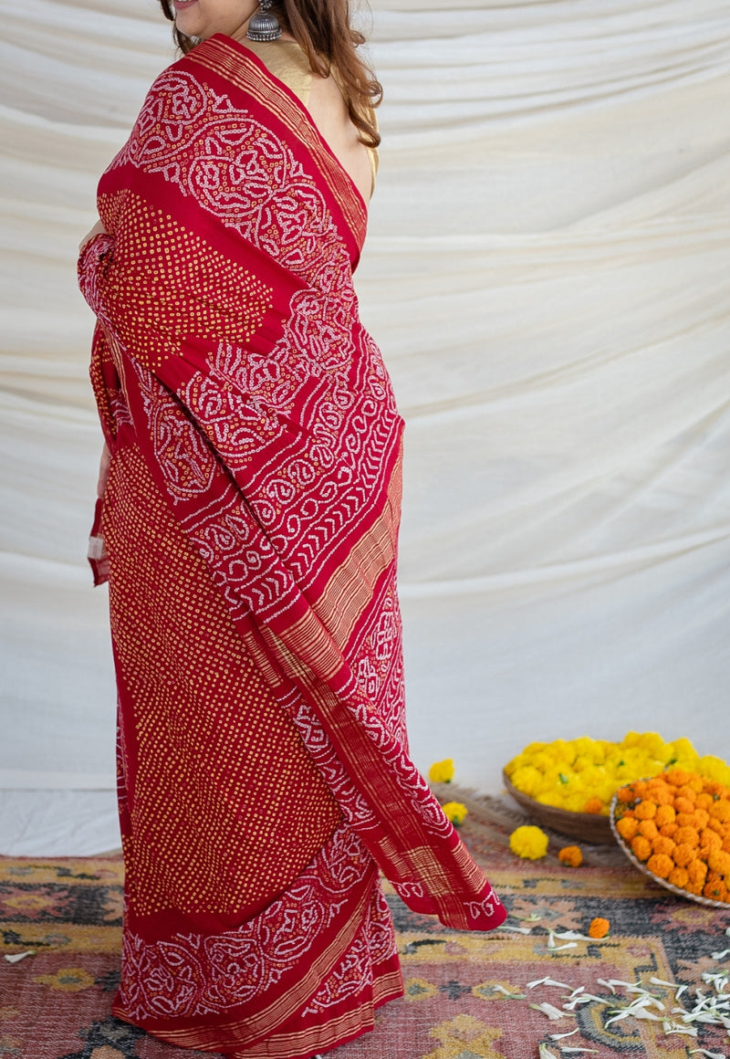 Red Bandhani Cotton Saree