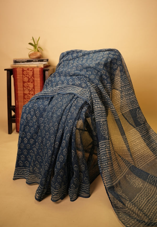 Blue Butti Dabu Hand Block Print Kota Doria Saree