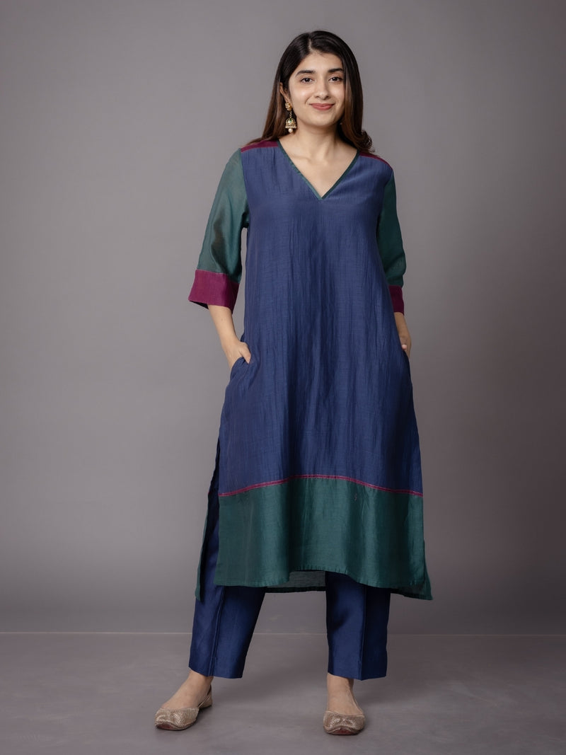 Riva Blue Solid Chanderi Silk Straight Pant with Embroidery