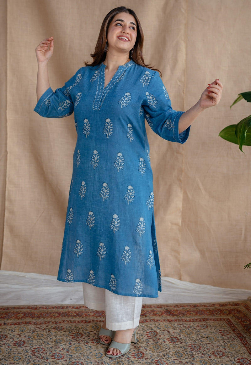 Yanha Indigo Dabu Slub Cotton Straight Kurta with Embroidery