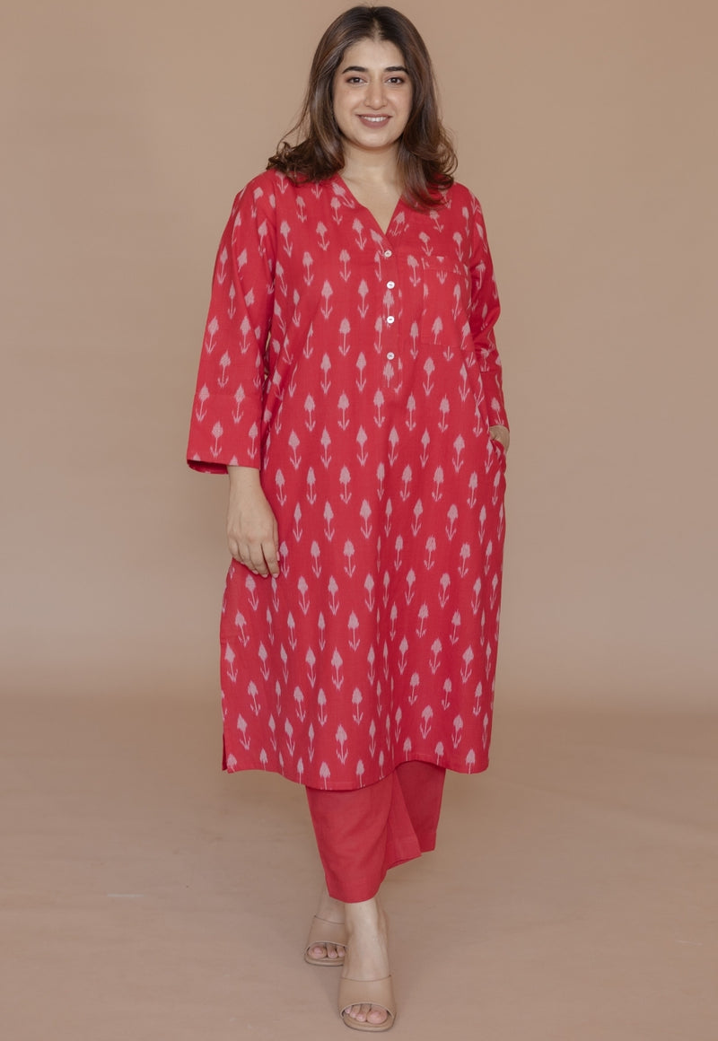 Rusha Red Handloom Ikkat Cotton Straight Kurta