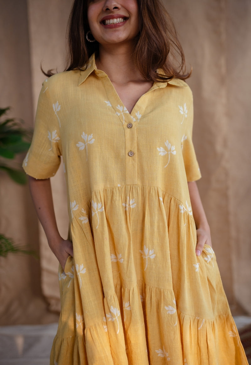 Zinat Yellow Dabu Slub Cotton A Line Dress with Embroidery