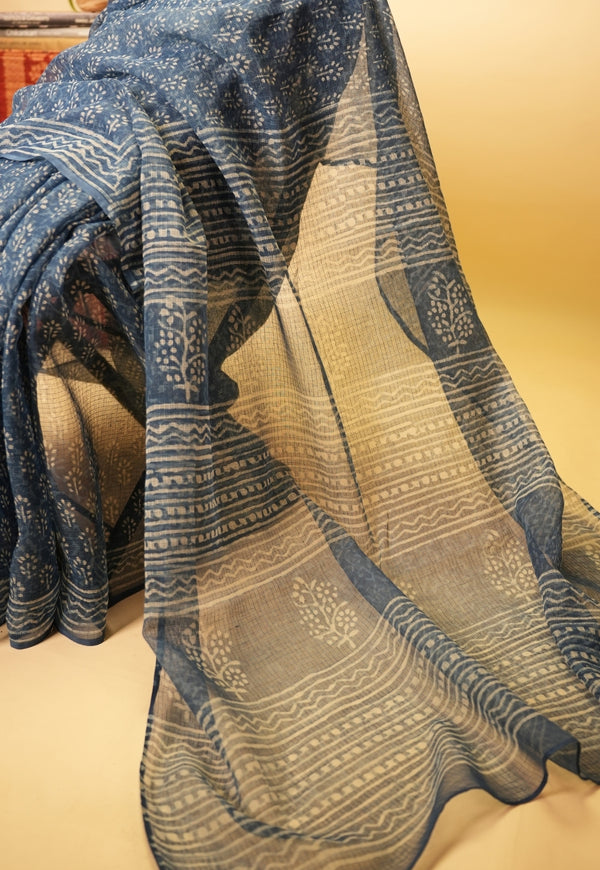 Blue Butti Dabu Hand Block Print Kota Doria Saree