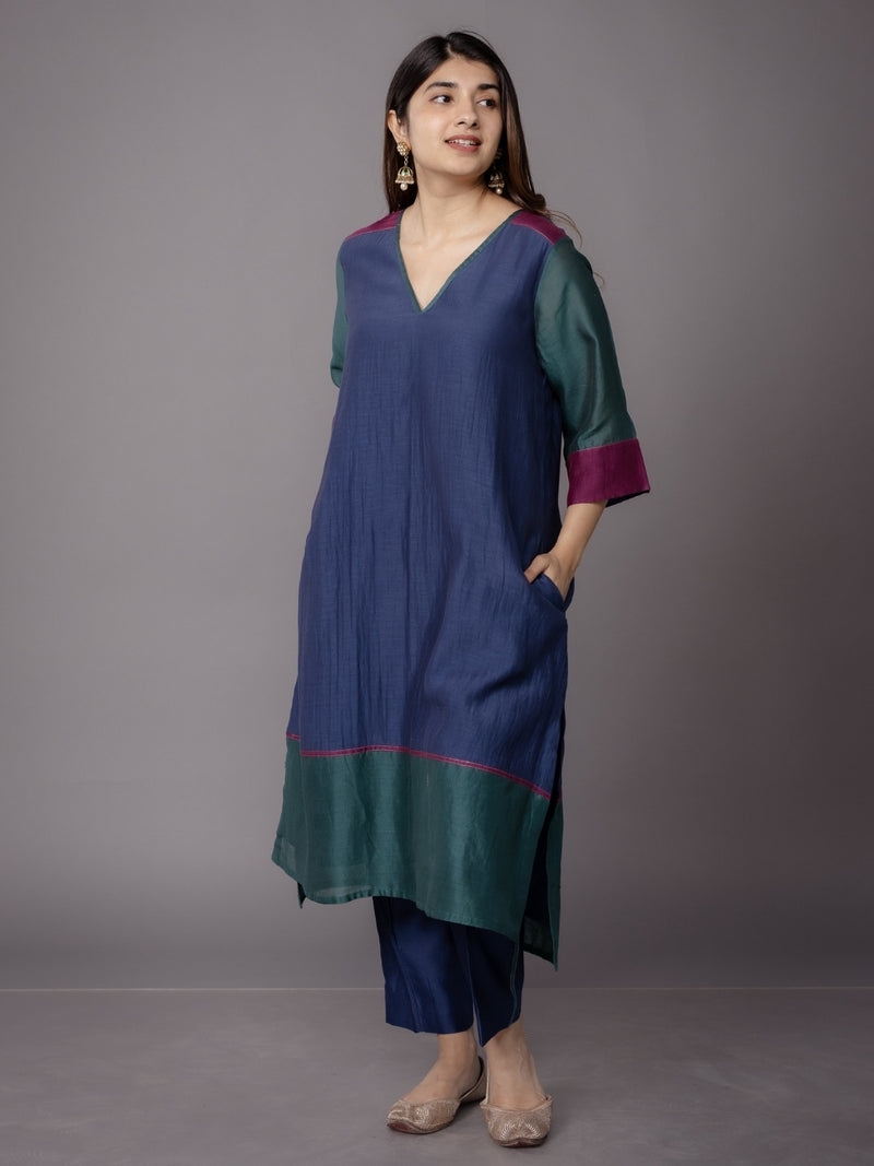 Divya Blue Solid Chanderi Silk Straight Kurta with Embroidery