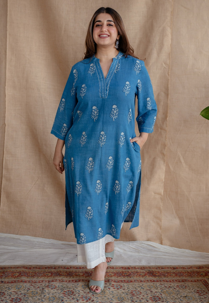 Yanha Indigo Dabu Slub Cotton Straight Kurta with Embroidery