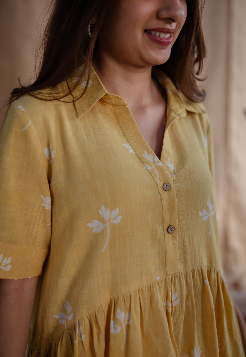 Zinat Yellow Dabu Slub Cotton A Line Dress with Embroidery