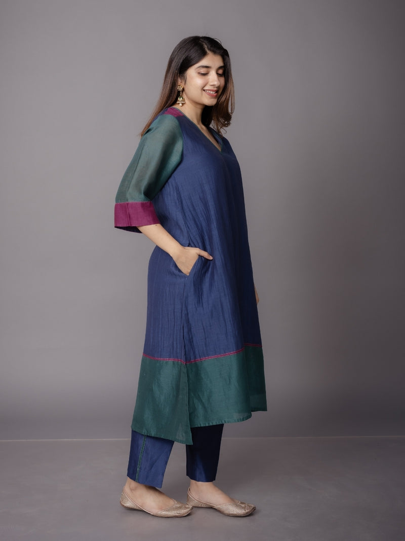 Divya Blue Solid Chanderi Silk Straight Kurta with Embroidery