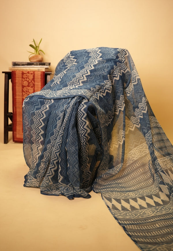 Blue Geometric Dabu Hand Block Print Kota Doria Saree
