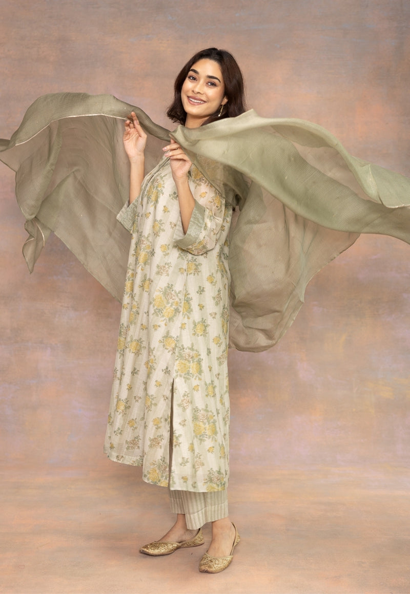 Rozin Green Sanganeri Chanderi Silk Narrow Pant