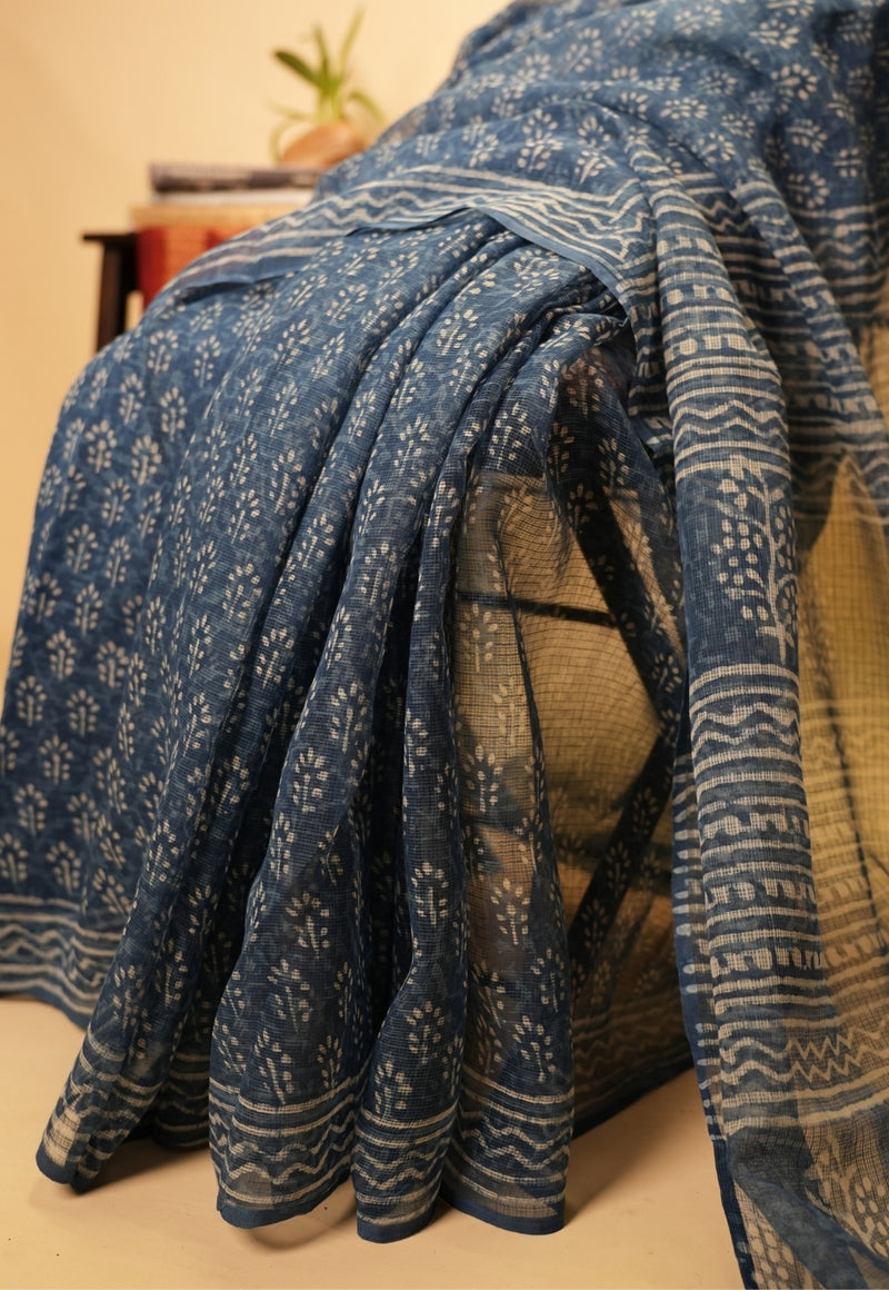 Blue Butti Dabu Hand Block Print Kota Doria Saree