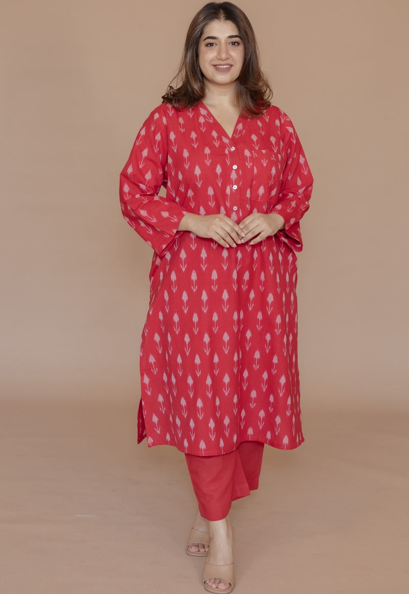 Rusha Red Handloom Ikkat Cotton Straight Kurta