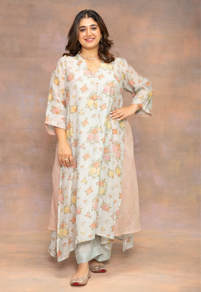 Rosalie Blue Sanganeri Chanderi Silk A Line Kurta with Hand Embroidery and Slip