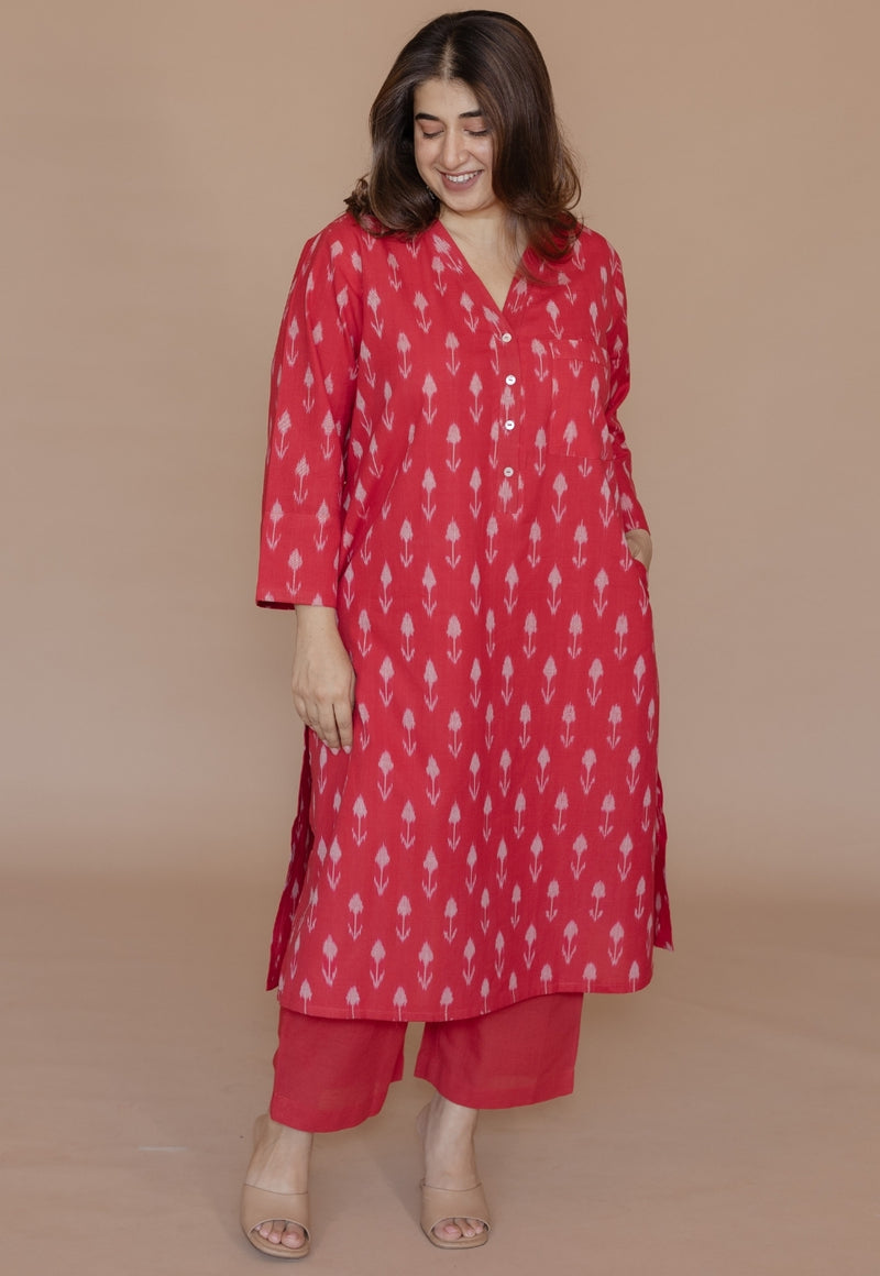 Rusha Red Handloom Ikkat Cotton Straight Kurta
