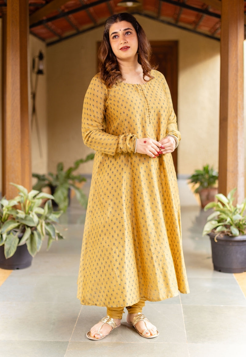 Akrita Mustard Ajrakh Chanderi Silk Kali Kurta with Hand Embroidery