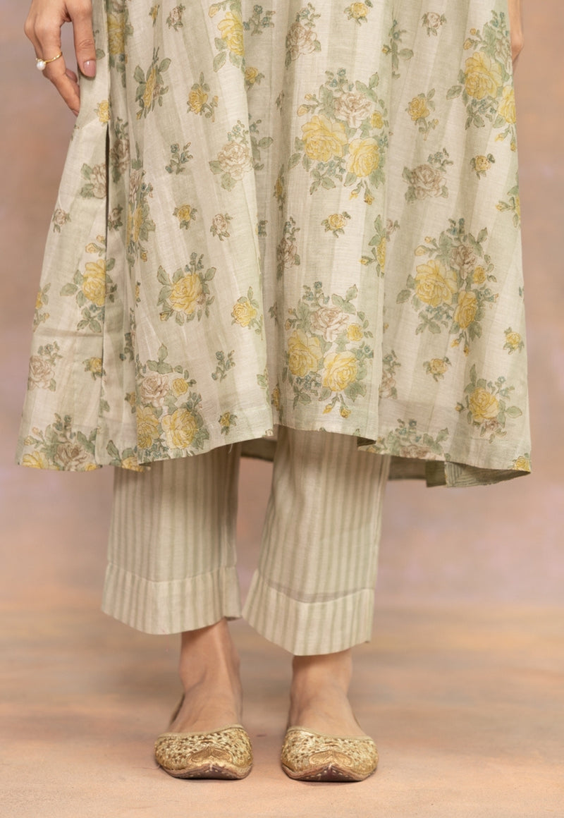 Rozin Green Sanganeri Chanderi Silk Narrow Pant