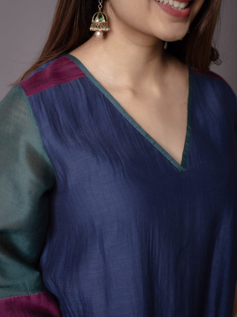 Divya Blue Solid Chanderi Silk Straight Kurta with Embroidery
