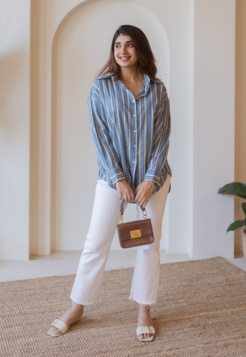 Ruhi Blue Ajrakh Cotton Anti-Fit Shirt