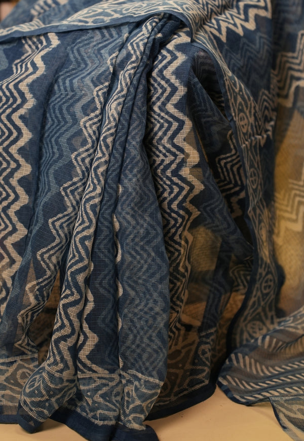 Blue Geometric Dabu Hand Block Print Kota Doria Saree