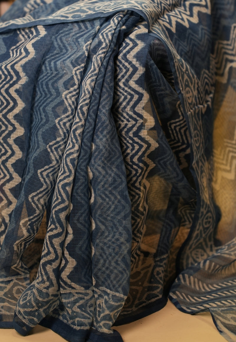 Blue Geometric Dabu Hand Block Print Kota Doria Saree