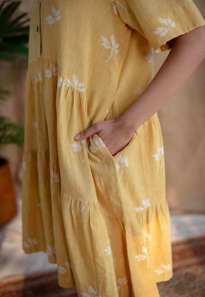 Zinat Yellow Dabu Slub Cotton A Line Dress with Embroidery