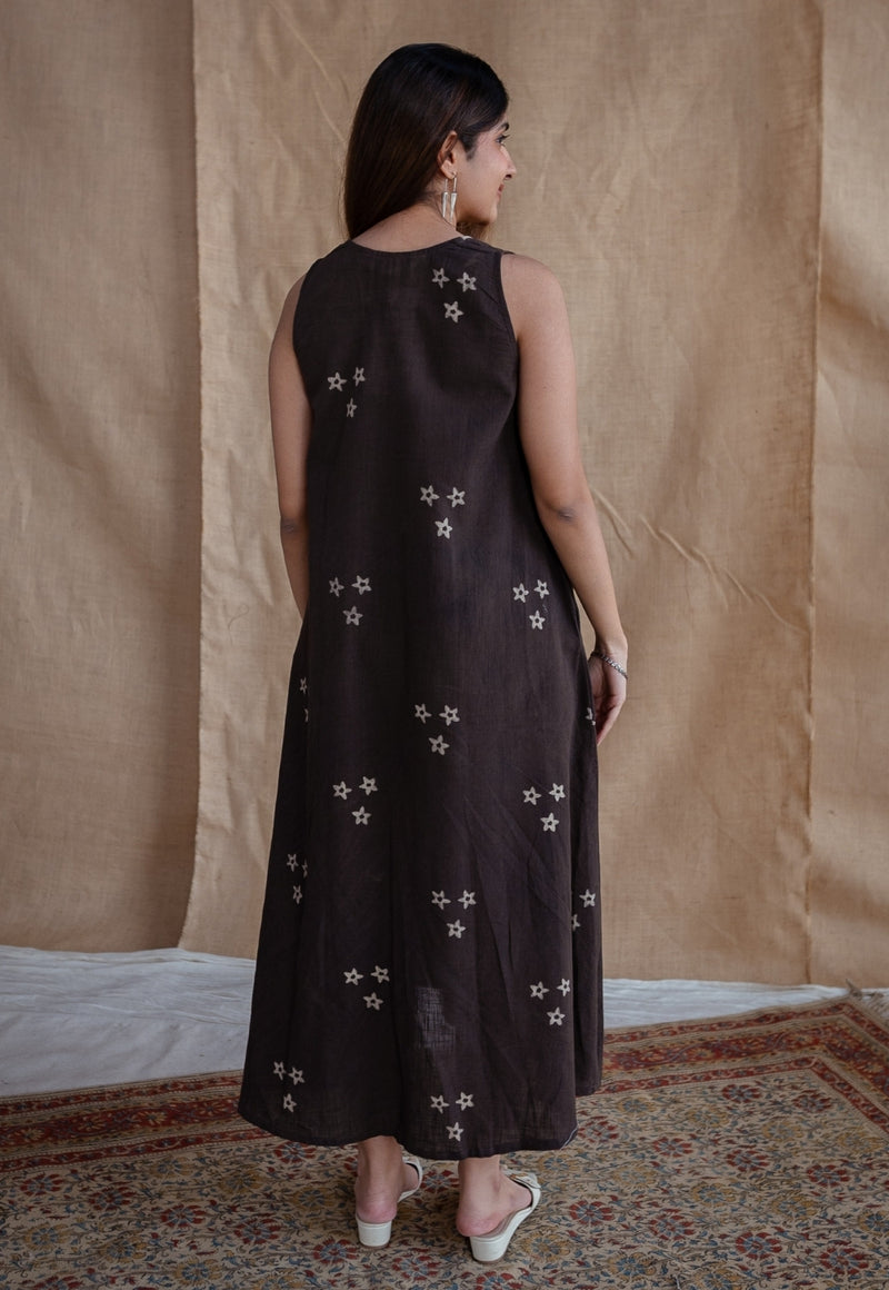 Mariam Charcoal Dabu Slub Cotton A Line Dress with Embroidery