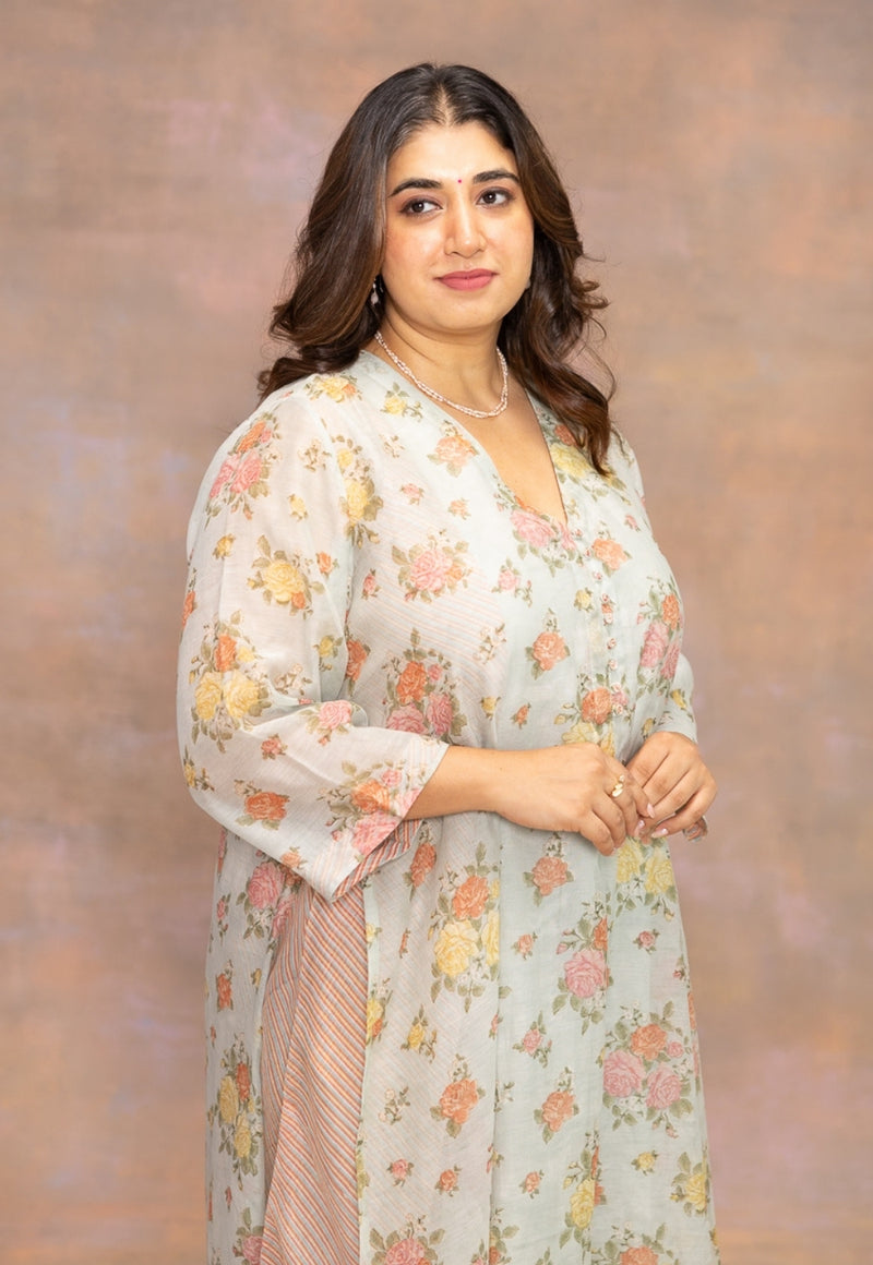 Rosalie Blue Sanganeri Chanderi Silk A Line Kurta with Hand Embroidery and Slip