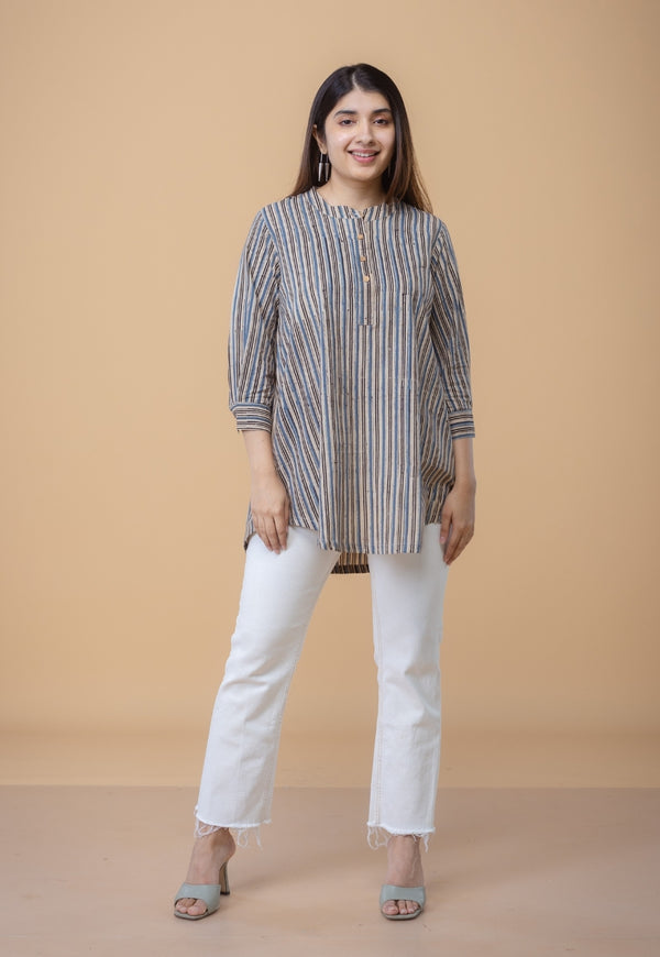 Daisy Beige Ajrakh Cotton Straight Short Top