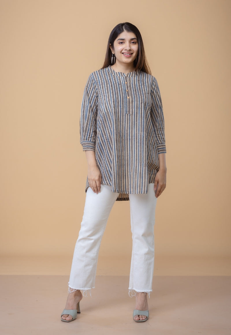 Daisy Beige Ajrakh Cotton Straight Short Top