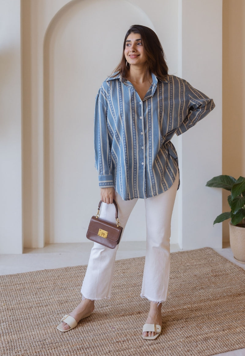 Ruhi Blue Ajrakh Cotton Anti-Fit Shirt