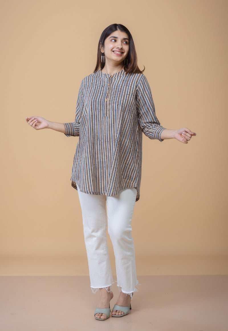 Daisy Beige Ajrakh Cotton Straight Short Top