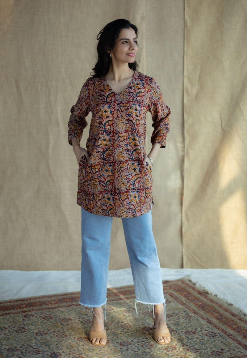 Sahar Brown Kalamkari Cotton Straight Short Top