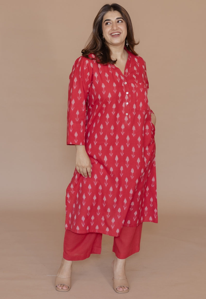 Rusha Red Handloom Ikkat Cotton Straight Kurta